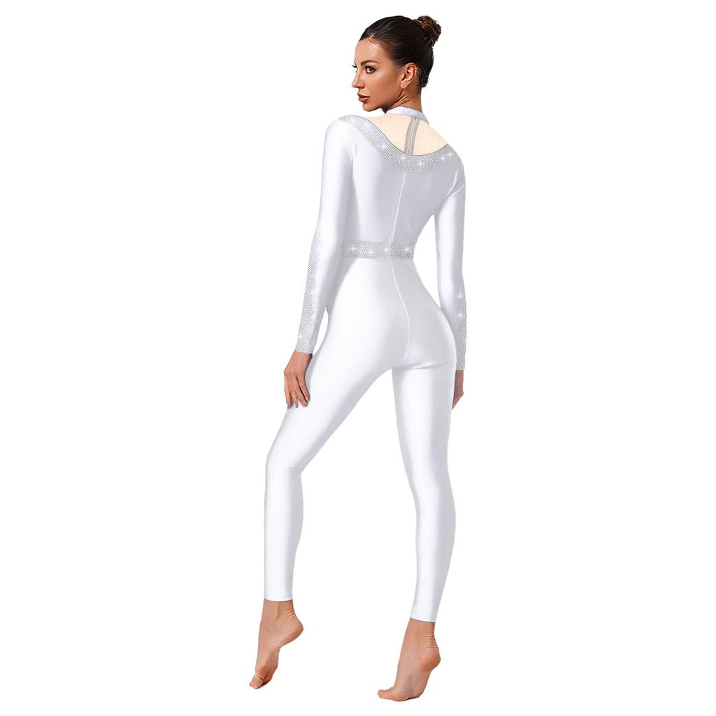 Womens Sparkle Rhinestone Dance Gymnastics Leotard Mock Neck Long Sleeve Long Pants Jumpsuit