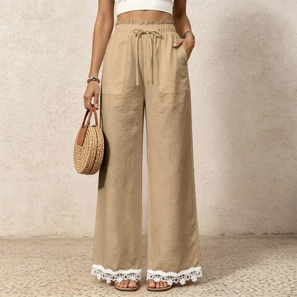 Women's Casual Wide Leg Pants with High Waist Drawstring and Lace Trim Patch Pockets for Everyday Wear