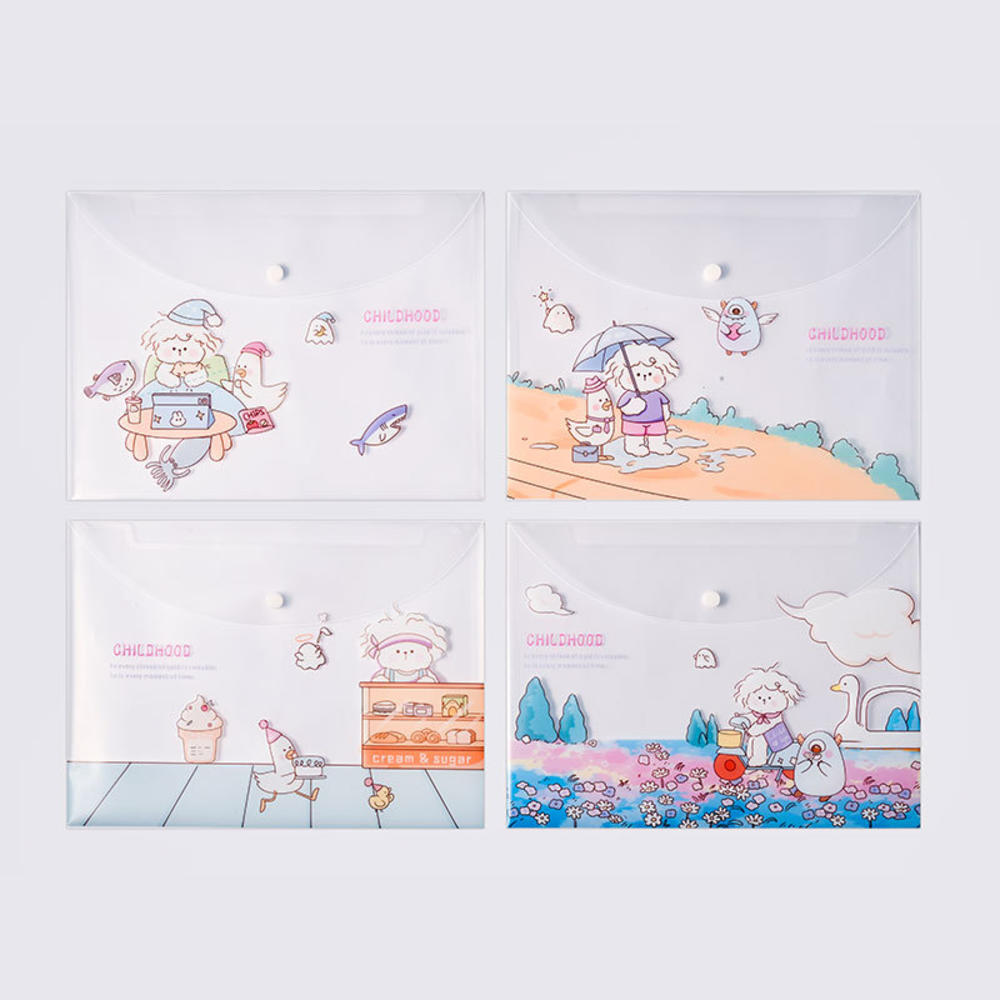 4pcs File Bags for Document Cute Cartoon File Holder Snap Button PVC Folder Pen Box Office Information Bag Student Stationery