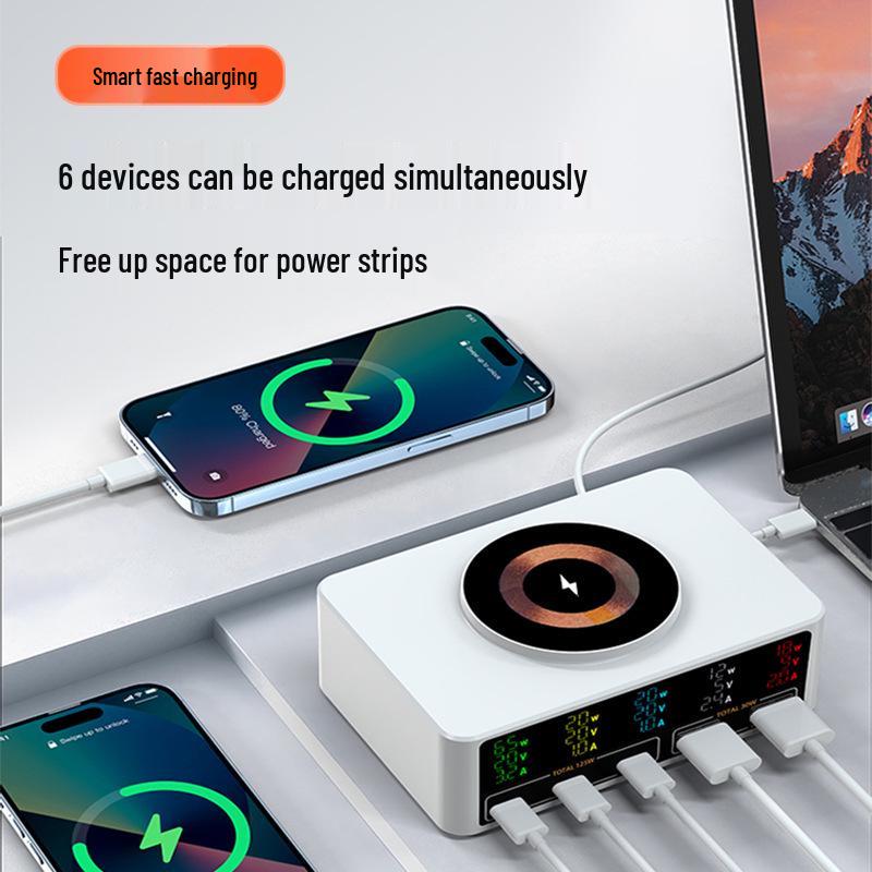 140W Multi-Port Charger with 100W PD Fast Charging, Digital Display, and Magnetic Wireless Charging Dock