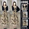 Sommer neues französisches Retro-Blumen-Latzkleid Hepburn-Stil schickes Strickjacke langes Kleid zweiteiliges Set