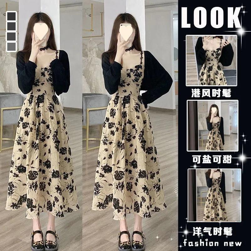 Sommer neues französisches Retro-Blumen-Latzkleid Hepburn-Stil schickes Strickjacke langes Kleid zweiteiliges Set