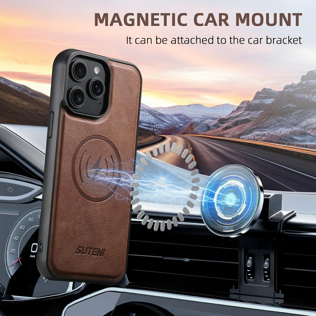 SUTENI M5 For iPhone 15 Pro Max Magnetic Case with Card Bag Cowhide Texture Leather Phone Back Cover