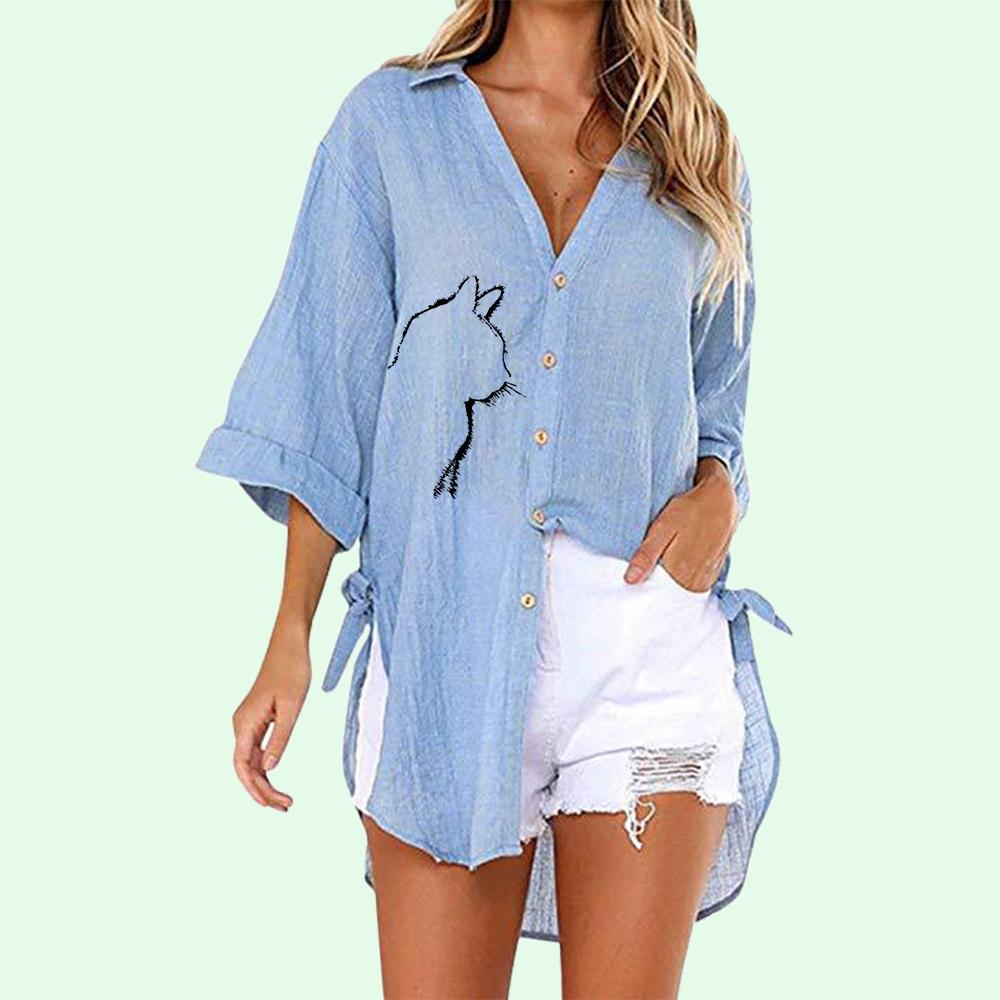 

Женская модная рубашка с принтом кота, летняя и осенняя модная футболка с коротким рукавом, женские повседневные свободные длинные блузки с v-образным воротником на пуговицах