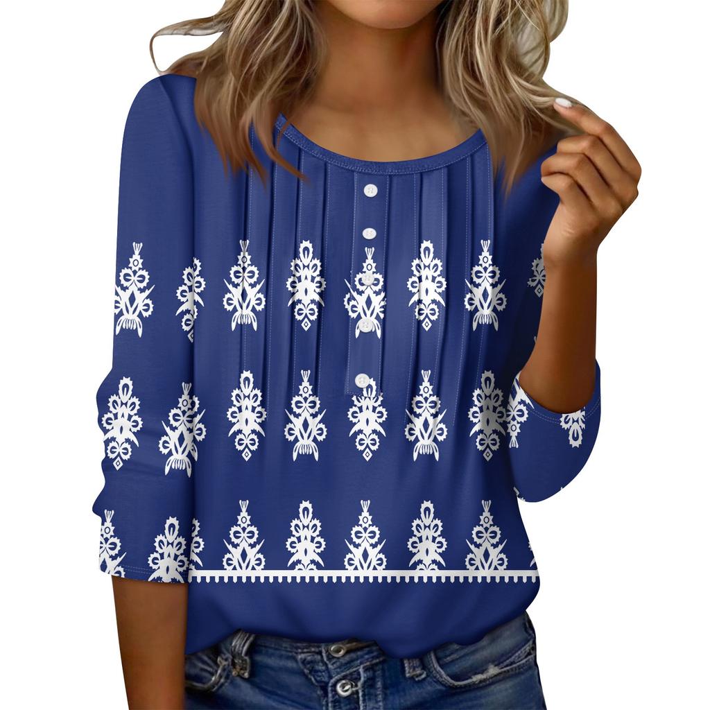 Women's Round Neck Pull Stripe Decorative Button Top Casual Solid Color 3/4 Sleeve T Shirt