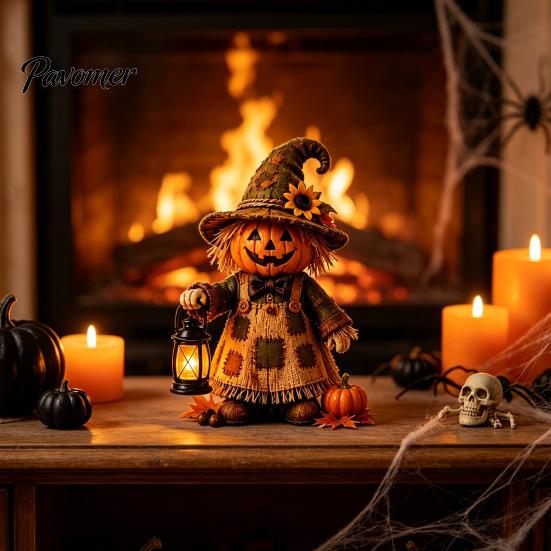 Atmospheric Window Displays Wooden Halloween Figurine with Lantern, Pumpkin Scarecrow Skeleton Mummy Ghost Witch Seasonal Tabletop Accessories Statue,