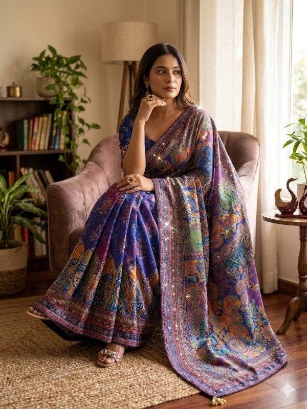 Premium Soft Chinon Silk Saree with Contemporary Prints, Gold Zari, and Hand-Crafted Real Mirror Work UNSTITCHED