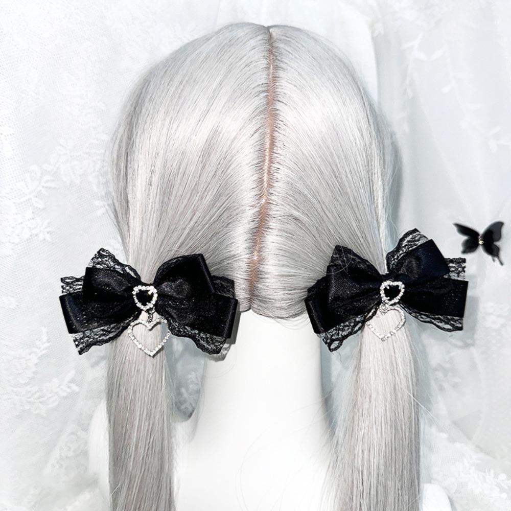 1/2Pc Heart Pendant Lace Bow Hair Clips Y2k Style Ponytail Hairpins Kawaii Gothic Hair Clips Anime