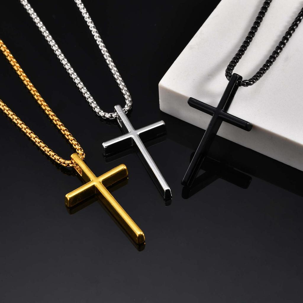 Stainless Steel Cross Pendant Necklace for Men Women, Unisex Simple Religion Necklace, Fashion Jewelry Chain Length 60cm/55cm