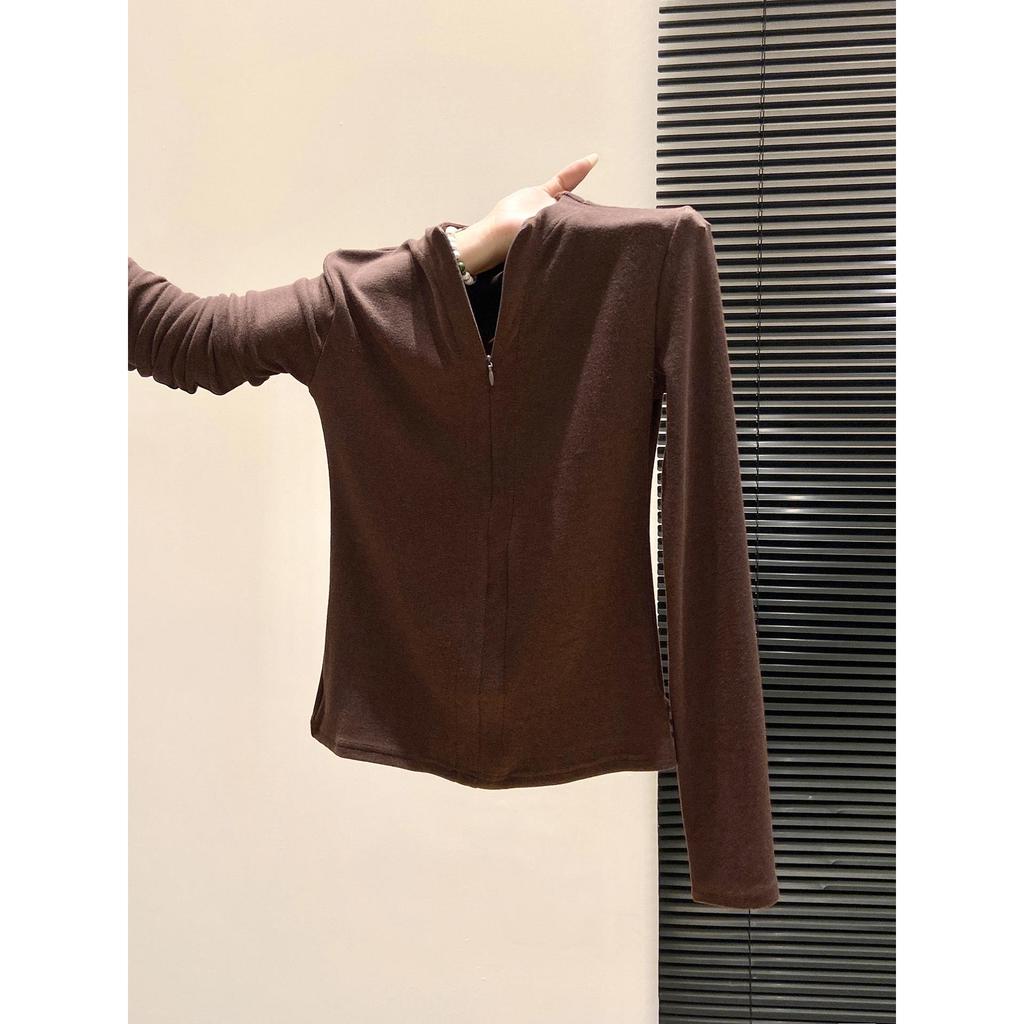 European-Style Slim-Fit Women's Zipper Collar Long-Sleeve T-Shirt, Brushed Warm Inner Layer for Autumn/Winter, Elegant Ins Style Base Top