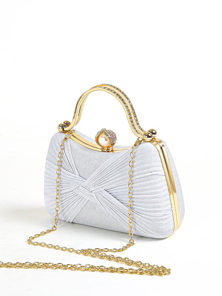 Glitter Ruched Evening Bag For Women, Faux Pearl Decor Clutch Purse