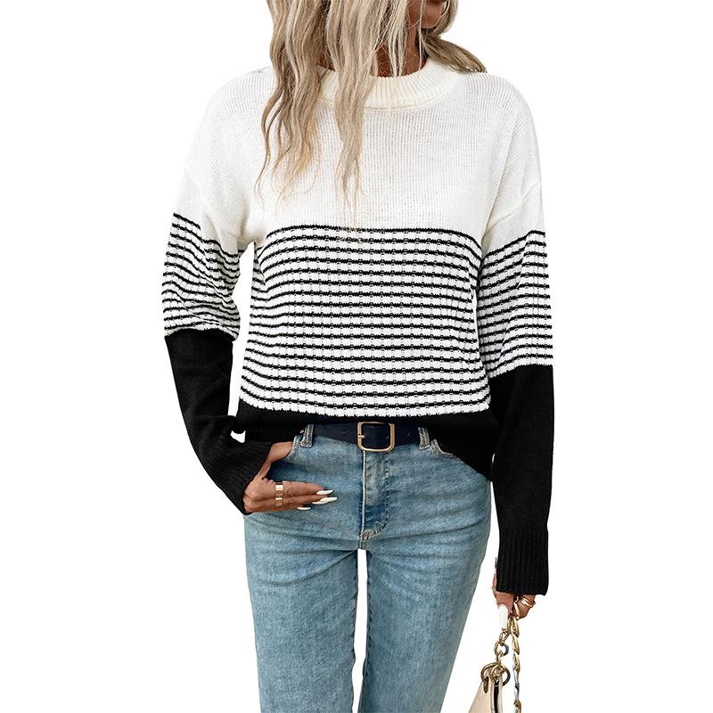 Autumn 2026 European & American Casual Stripe Color Block Sweater - Long Sleeve, Round Neck Pullover