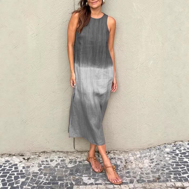 Women's Spring Cotton Linen Midi Dress, Gradient Color Sleeveless Side Slit Loose Casual Daily Vacation Dress