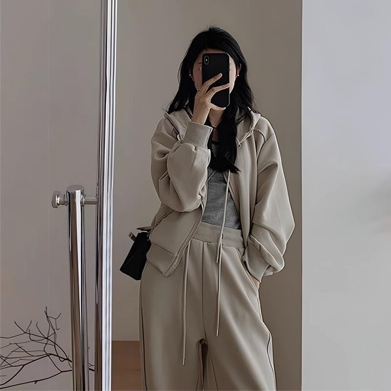 Plus Size Women's Autumn Street Style Jacket & Sports Two-Piece Set - Slimming & Fashionable