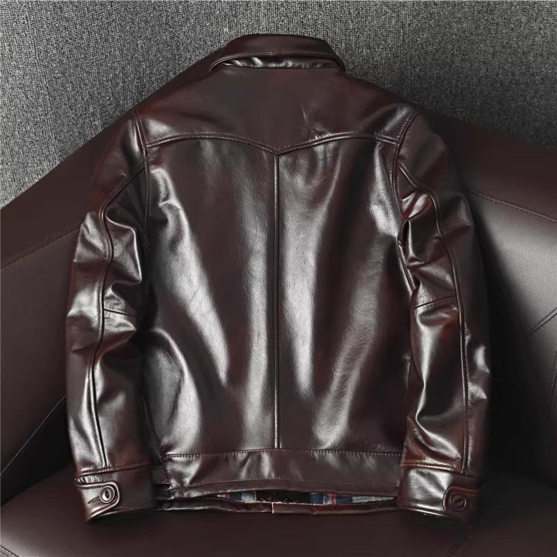Men Waxed Tea Core Genuine Leather Biker Jacket Slim Fit Stylish Brakeman Coat Trendy Outerwear