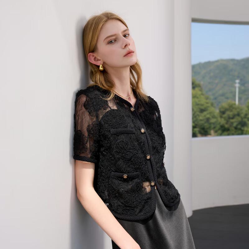 

Sancai Women s 2025 Summer Mesh Embroidered Short Sleeve Cardigan S 155/80A