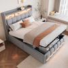 Upholstered Bed 140*200cm with LED Lighting and USB Outlet, Headboard with Shelves, Hydraulics for Storage, Adult Bed Double, Linen Fabric Light Gray