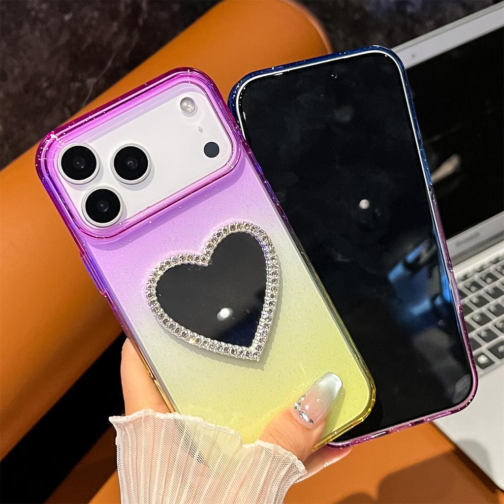 For iPhone 17 Pro Case Glitter Dual Color PC+TPU Clear Phone Cover with Heart-Shape Mirror
