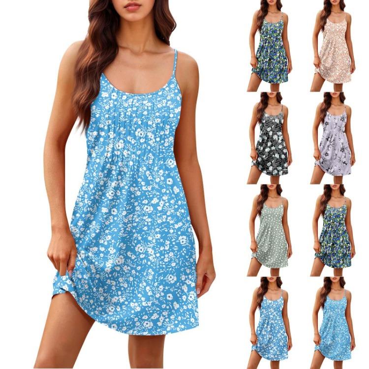 Vintage Floral Print Casual Summer Dress for Women with Adjustable Spaghetti Straps and Pockets Beach Vacation Fashion Dress