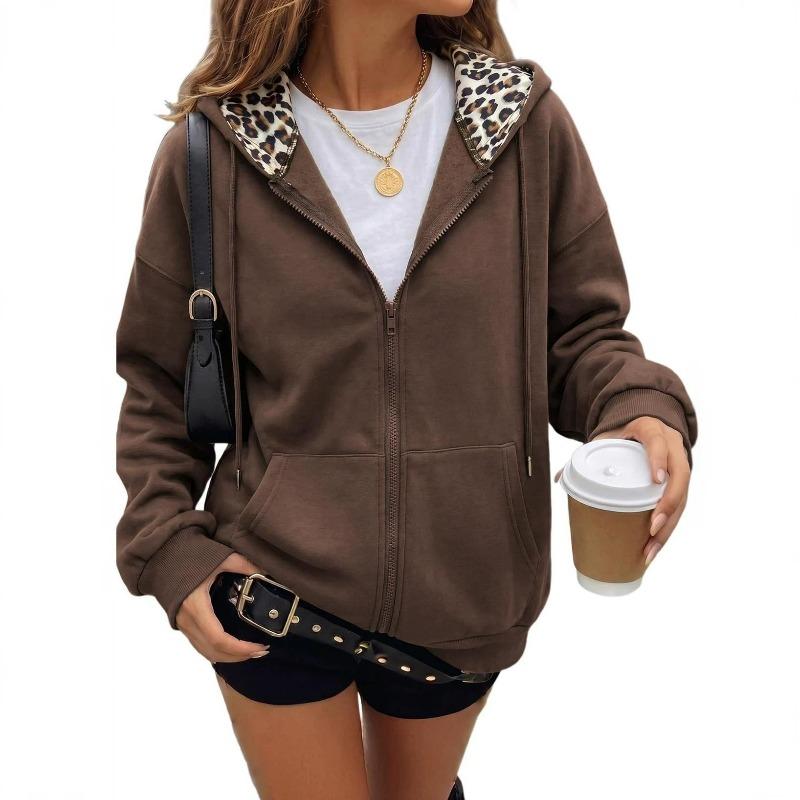 Damen Leopard Print Reißverschluss Hoodie Langarm Fleecegefüttert Lässige Sweatshirtjacke