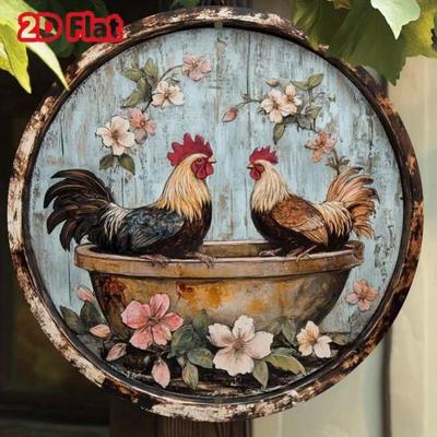 2D Retro Chicken Flower Metal Wall Art, Round Tin Sign Plaque For Home Kitchen Decor