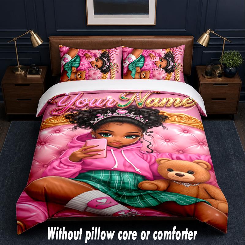 Teddy Bear Theme Custom Text Or Name 3Pcs Bedding Set,1 Flat Sheet & 2 Pillowcases Personalized Home Bedding