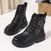 Women's Black Platform Combat Boots Fashion Buckle Strap PU Leather Ankle Boots Woman Plus Size Non Slip Motorcycle Botas Mujer