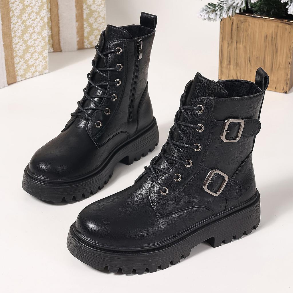 Women's Black Platform Combat Boots Fashion Buckle Strap PU Leather Ankle Boots Woman Plus Size Non Slip Motorcycle Botas Mujer