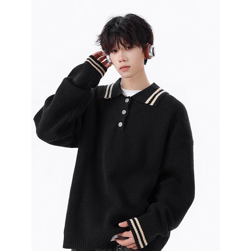 Retro Casual Street Sweater Lapel Long Sleeve Striped Contrast Casual Fashion Top