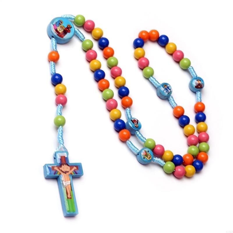 62KD Colorful Beaded Pendant Necklaces for Boy Girl Children Long Rosary Prayer