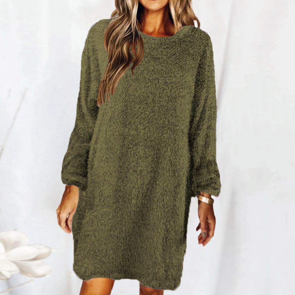 Fashion Women's Solid Color Round Neck Long Sleeve Loose Plush Dress Sweater Dress
