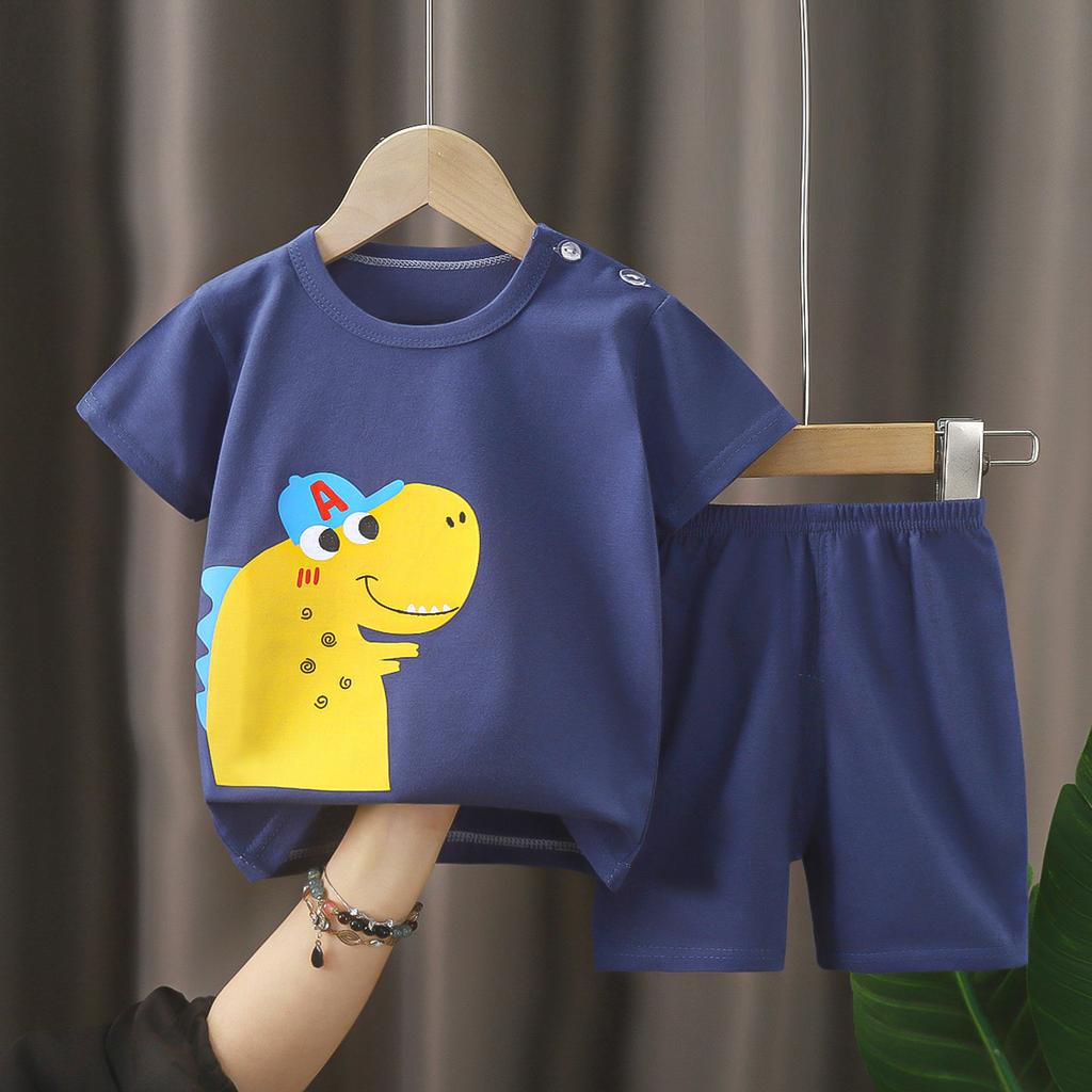 Kids Cotton Short Sleeve 2Pcs Set, Summer Shoulder Snap T-shirt & Shorts for Toddler Boys Girls