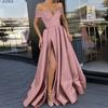Abito Maxi Donna Scollato A Spalla Senza Maniche Linea Ad A Vita Alta Elegante Raso Spacco Abito da Sera
