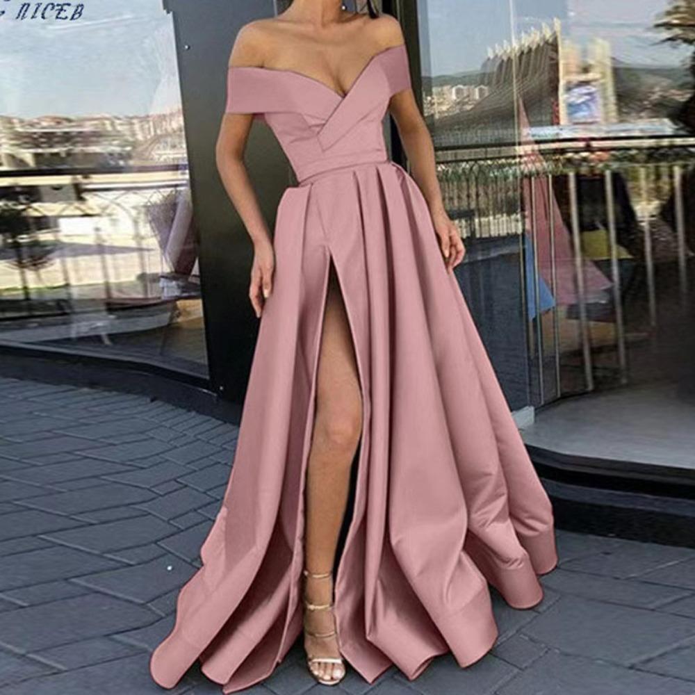 Abito Maxi Donna Scollato A Spalla Senza Maniche Linea Ad A Vita Alta Elegante Raso Spacco Abito da Sera