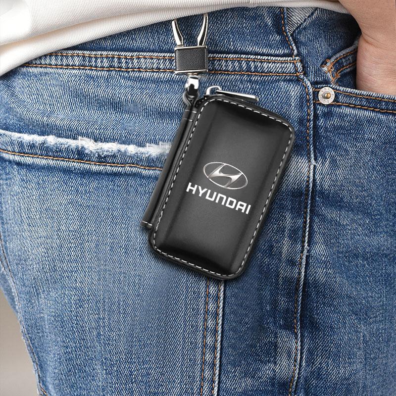 1Pcs Leather Emblem Car Key Case Keychain Zipper Key Case Bag For Hyundai Tucson 2021 Accent I10 I20 Kona Getz Solaris I30 Creta