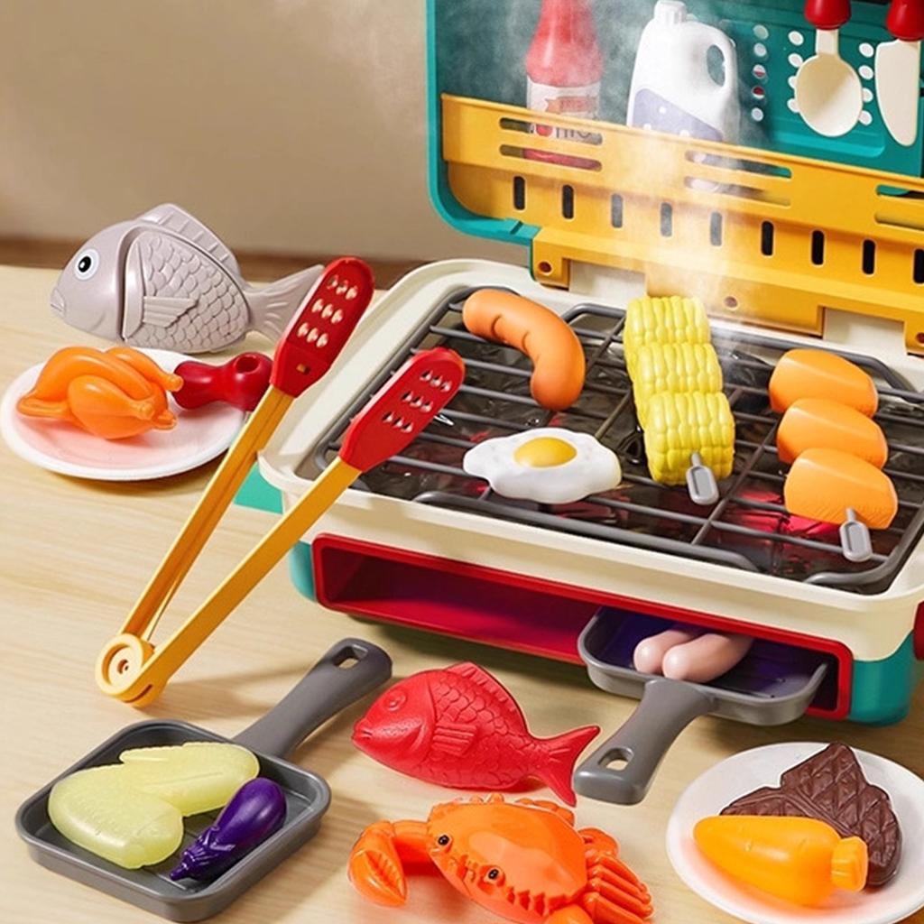 Electric Simulation BBQ Grill Toy With Spray Light Music Color Changing Food Pretend Play Kitchen Set For Kids Role Play