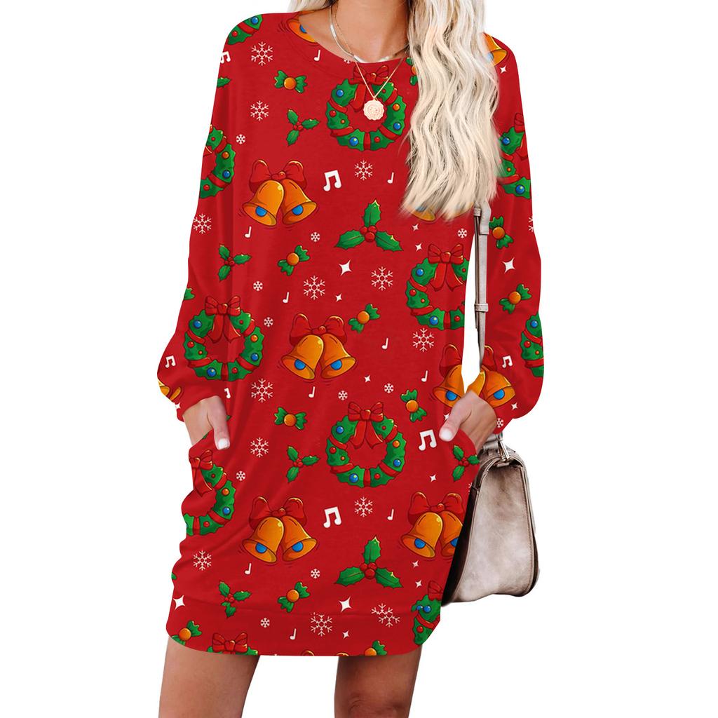 Damska modna sukienka z długim rękawem, z okrągłym dekoltem i kieszenią, w nadruk płatków śniegu