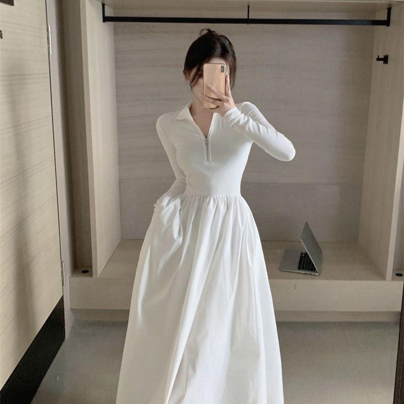 Francouzský high-endový temperamentní stahující pas základní vrstva bílé pletené šaty s dlouhým rukávem dámské podzimní