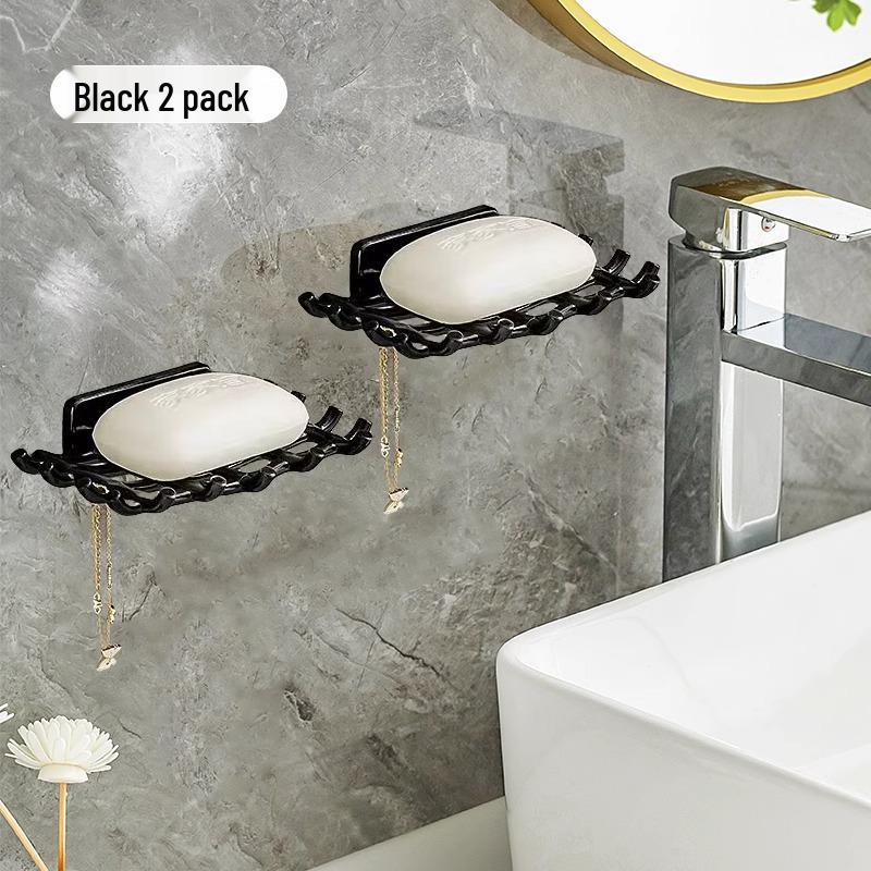 Wall-Mounted Punch-Free Soap Dish with Drain Rack & Hooks for Bathroom