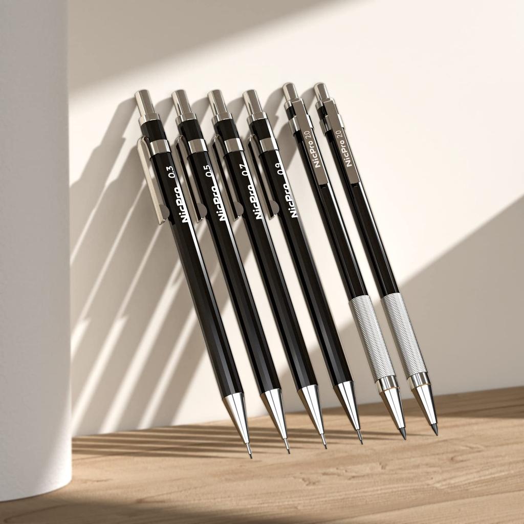 Nicpro Mechanical Black Metal Drafting mm Graphite Lead Holder for and Includes 8 Lead Refills and Eraser Case Pencils, 6-Piece Set, Pencils, 0.3 &