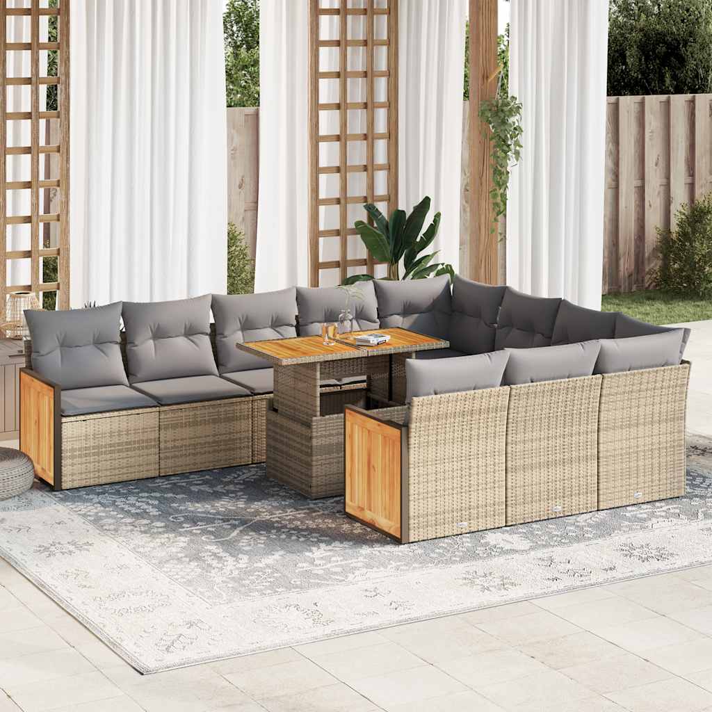 Vidaxl 11-Cz. Furniture Set With Cushions, Beige, Poly Rattan and Acacia