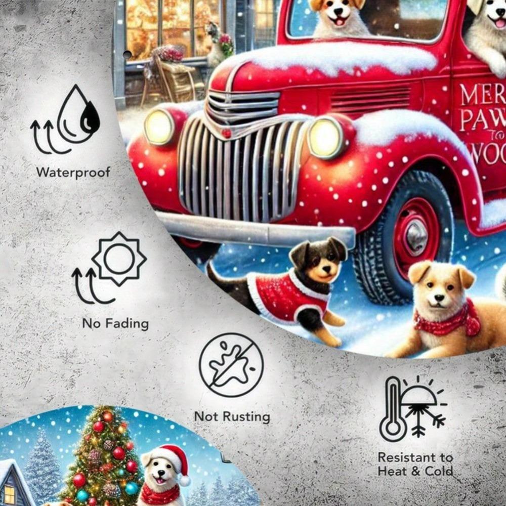 Vintage Red Truck Dogs Christmas Iron Wall Art Round Holiday Home Decor