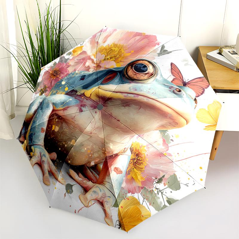 Frog and Flowers pattern, automatic folding umbrella, portable and foldable design, 8 ribs, a Christmas or birthday gift.