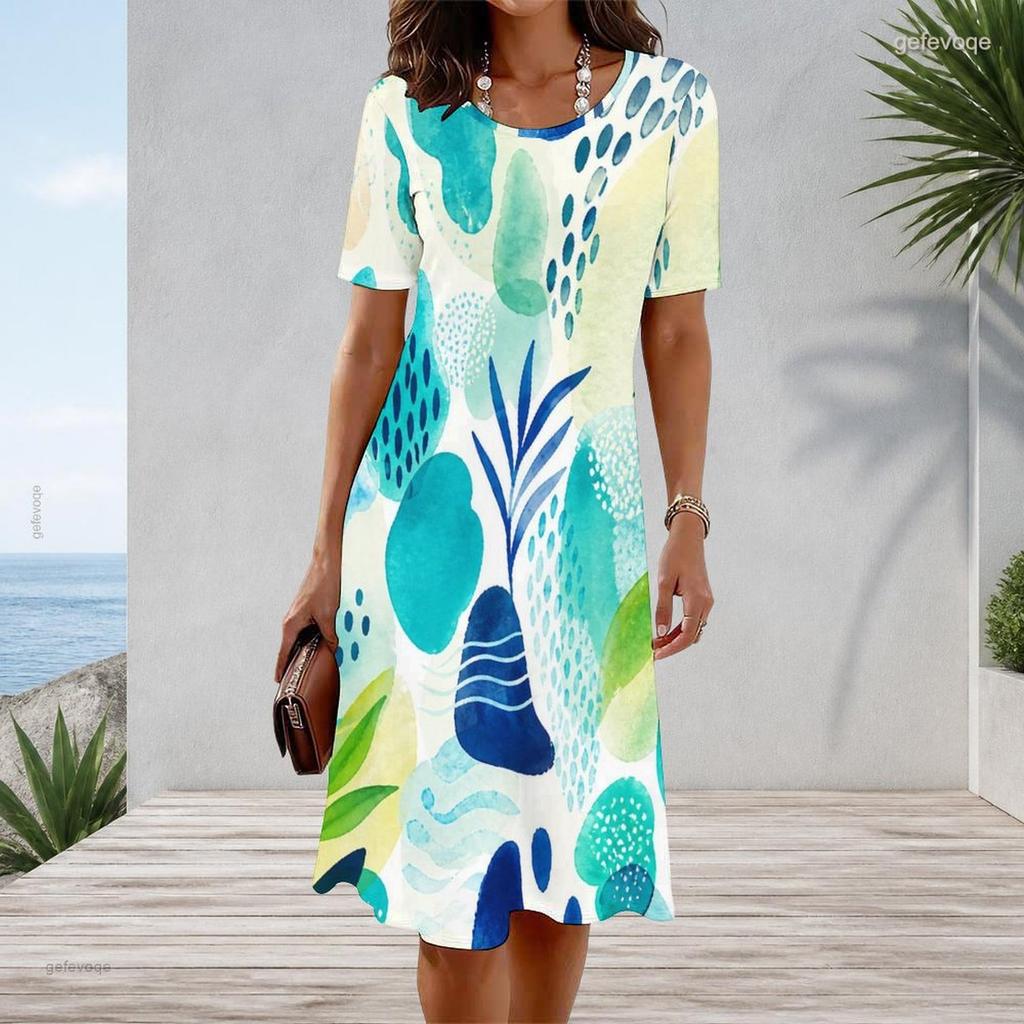 Women Plus Size Round Neck Short Sleeve A Line Printed Casual Dress