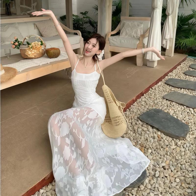 Seaside Resort Floral Print Camisole Dress: Elegant Waist-Cinching Summer Long Dress for Women