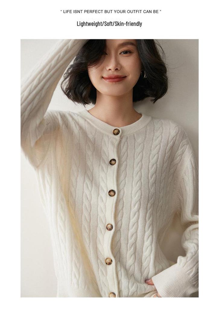 Women's Cashmere Cable-Knit Cardigan Sweater - Round Neck, Single-Breasted, Multi-Button, Loose Fit, Solid Color, Versatile Fall/Winter Style