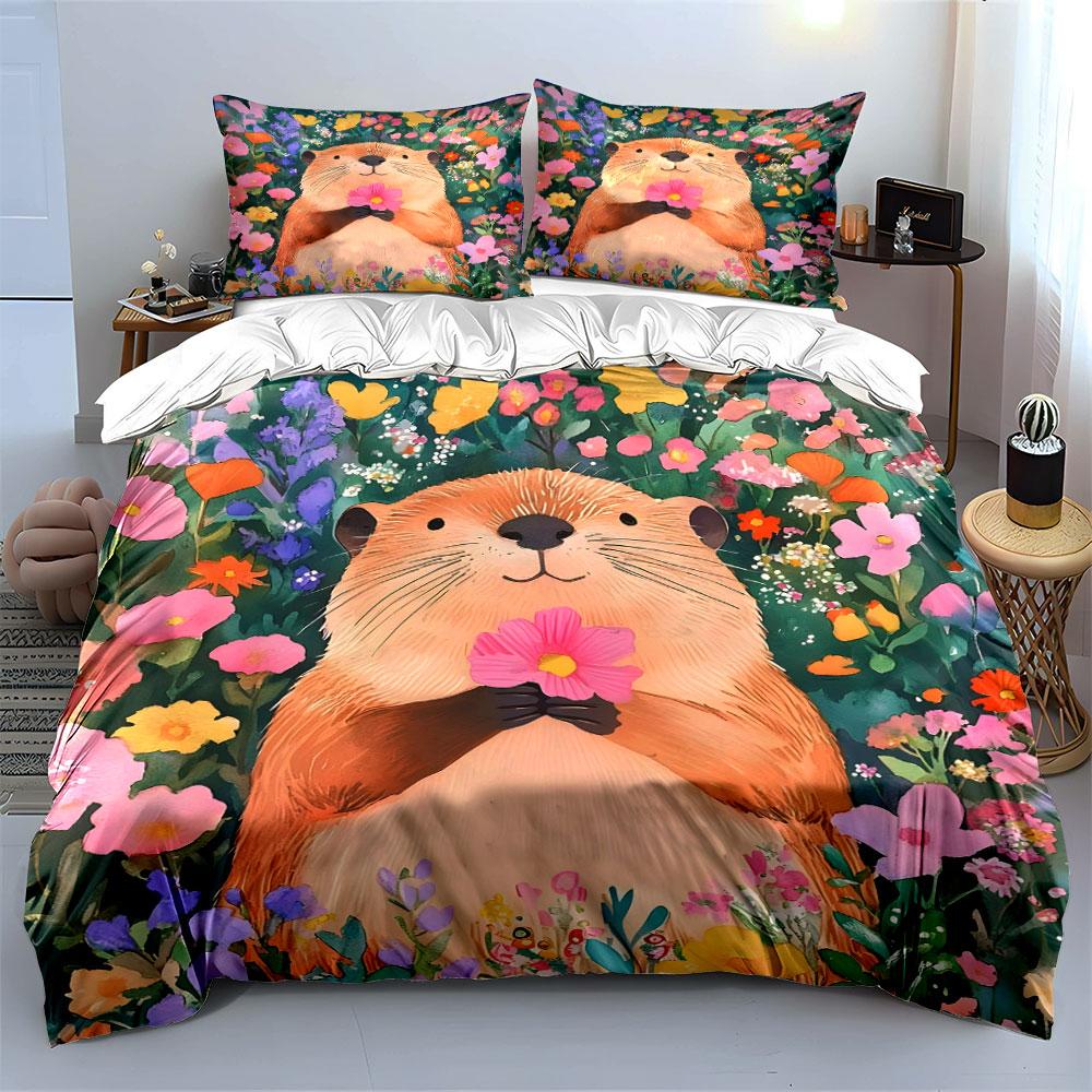 Cute beaver holding flower in blooms Print Bedding Set 1 Duvet Cover 2 Pillowcases for Adult and Children Luxury Gift Full Size
