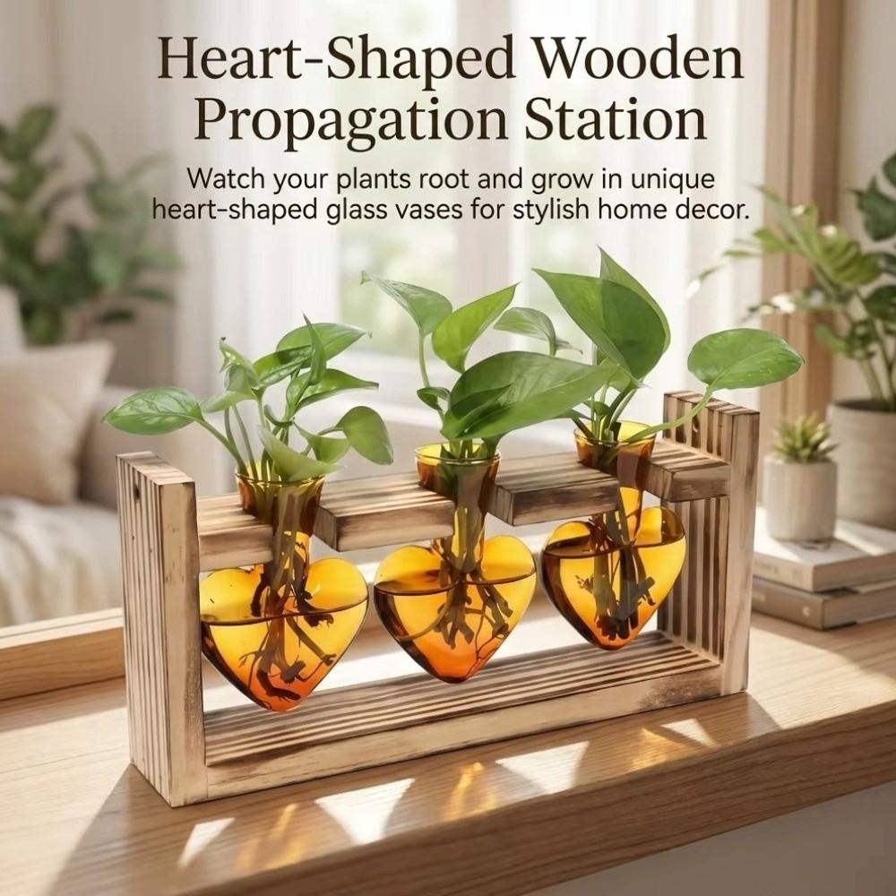Wooden Stand Heart Shaped Glass Vase Colorful Desktop Vase  Home Decoration