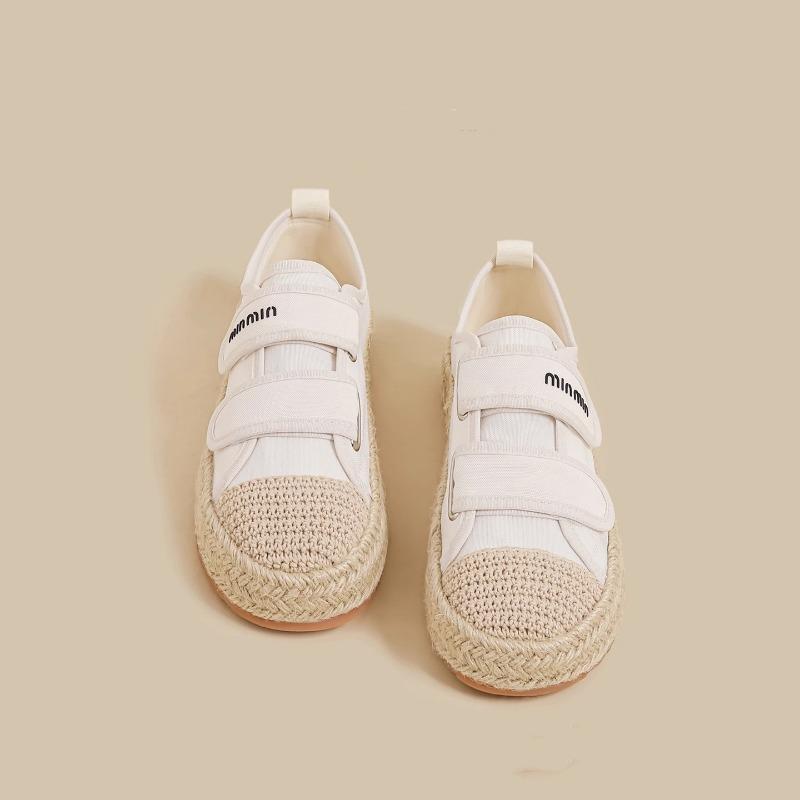 Velcro Little White Shoes Women's Summer New White Breathable Straw Woven Fisherman Versatile Casual Sports Board Shoes