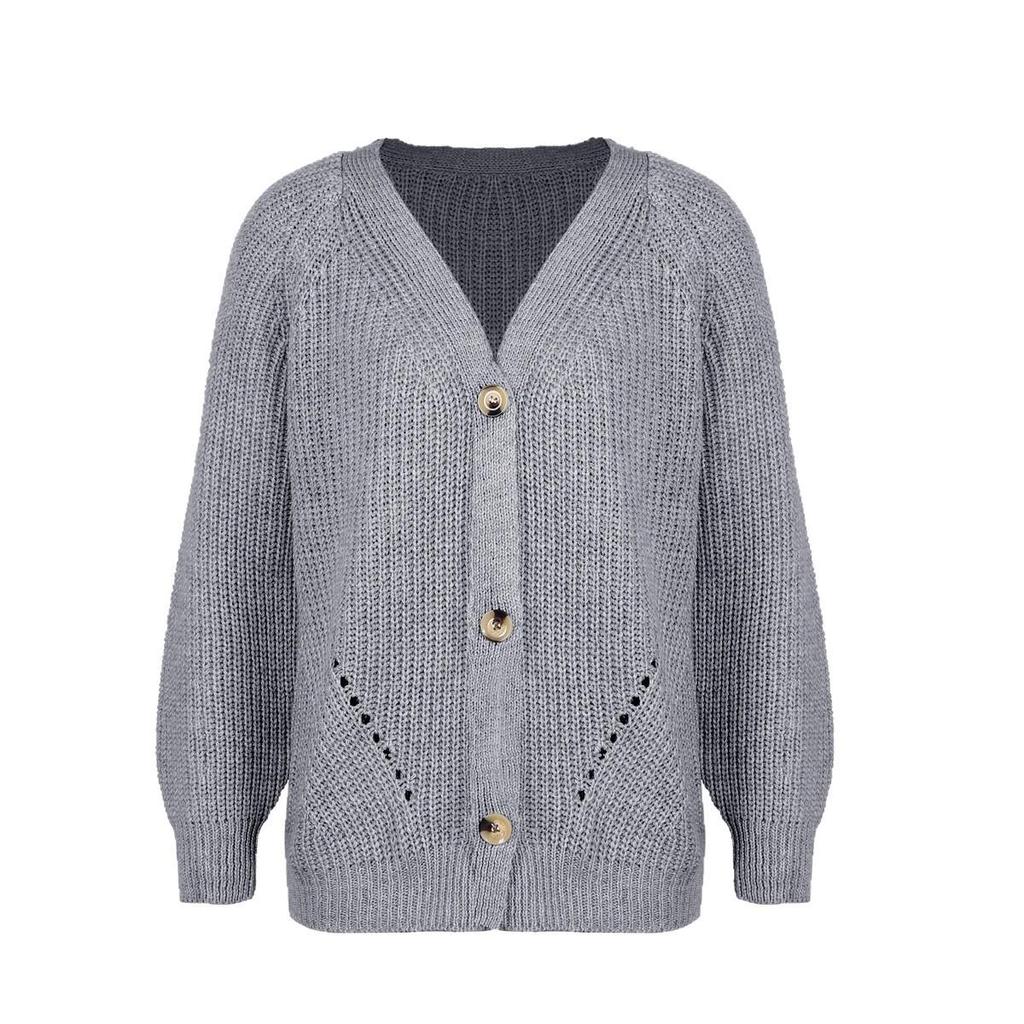Women's V-Neck Buttoned Knit Cardigan - European & American Style Loose Casual Outerwear for Autumn & Winter